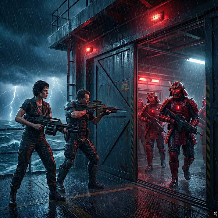 ripley and hicks confronting WY elite guards (neill blomkamp's unmade 'alien 5') (b)